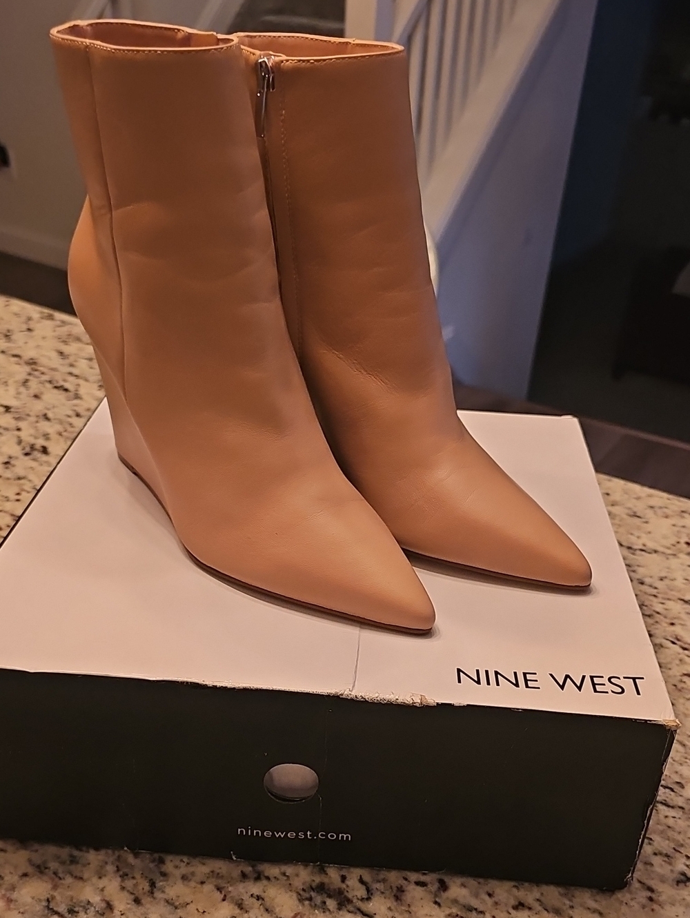 Nine West Tan Pointed Wedge Ankle Booties